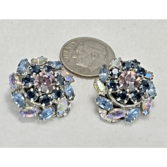 Vtg Blue Austria Crystal Aurora Borealis Prong Set Clip On Earrings Silver-tone - Picture 15 of 16